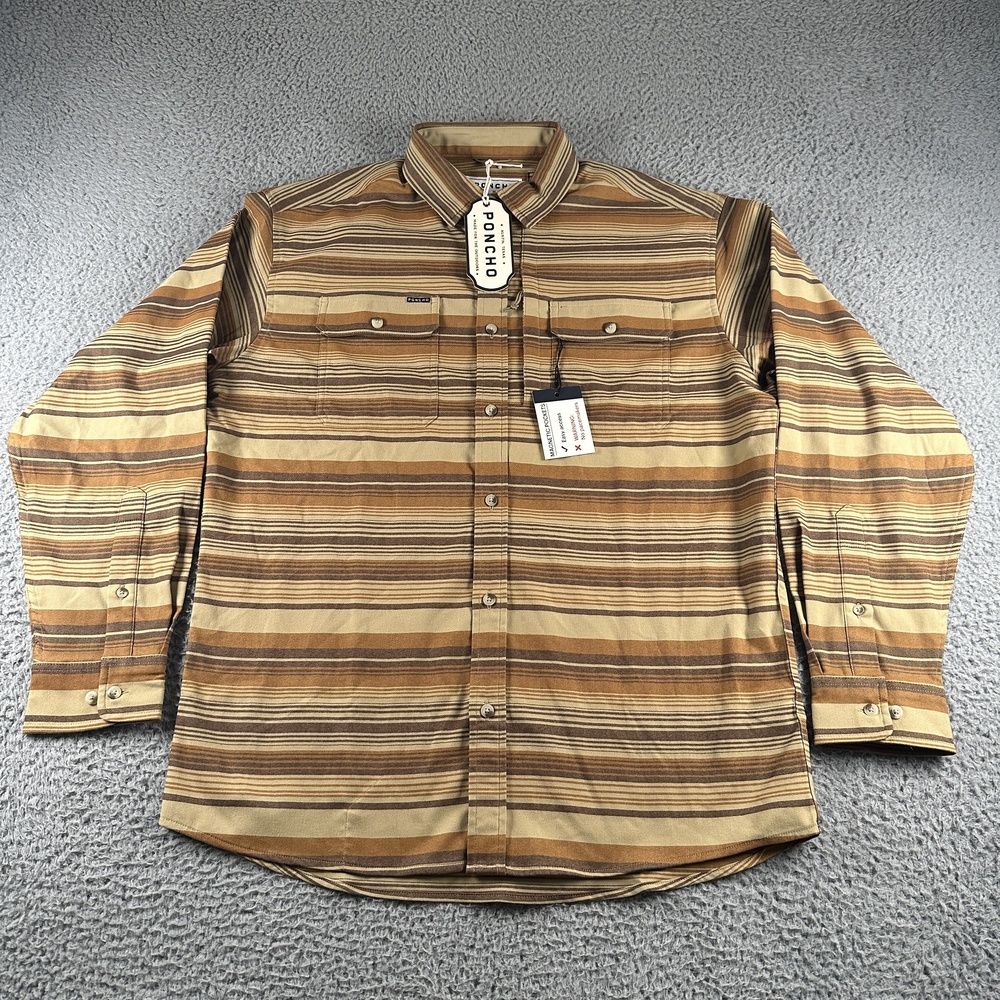 Poncho Adobo Shirt Mens M Brown Stripe Magnetic Pockets Button Up Outdoors NWT